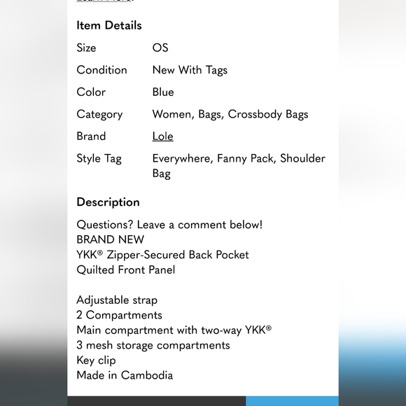 Lolë Unisex Quilted Belt Bag / Sling Bag, nw, Blue - Picture 6 of 7